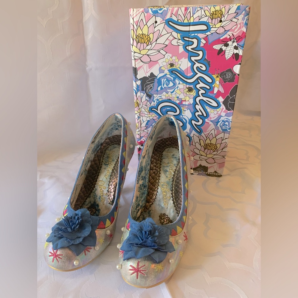 Irregular Choice Blue Floral Embellished Heels with Pearl Accents